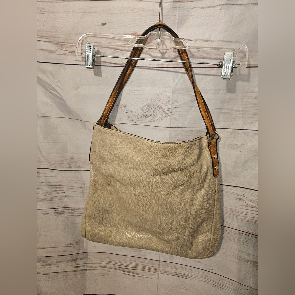 Anne Klein Colorblock Pebbled Faux Leather Shoulder Bag | Tan Cream Beige Tote - Picture 5 of 13